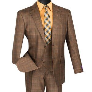 NWT Luxurious Men's 3-Pieces Glen Plaid Suit - Chestnut